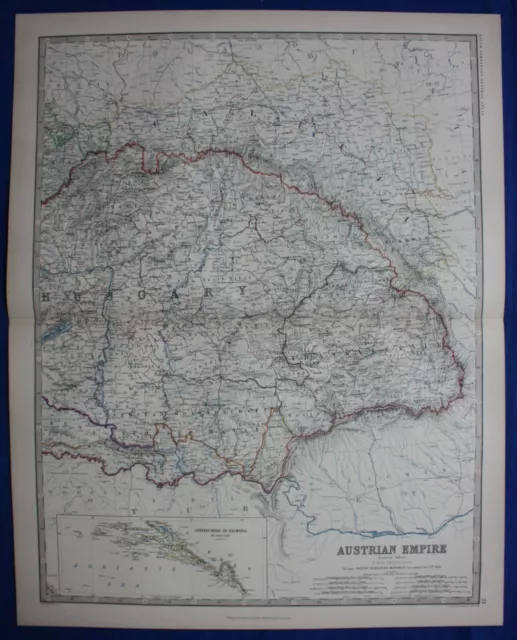 AUSTRIAN EMPIRE (EAST), HUNGARY, DALMATIA, original antique map, Johnston, 1871