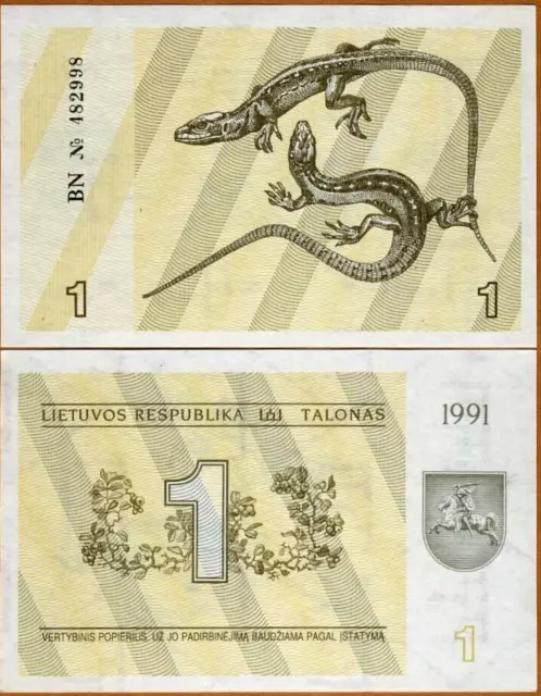 Banknote - 1991 Lithuania 1 Talonas P32b UNC, Lizards