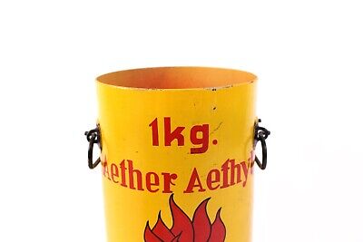 Alte Stahldose Henkeldose Kübel 1kg Aether Aethyl Vorsicht leicht brennbar Gelb 3