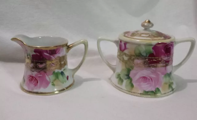 Vtg Nippon Japan Hand Painted Creamer and Sugar with Lid Roses SET Gild Moriage