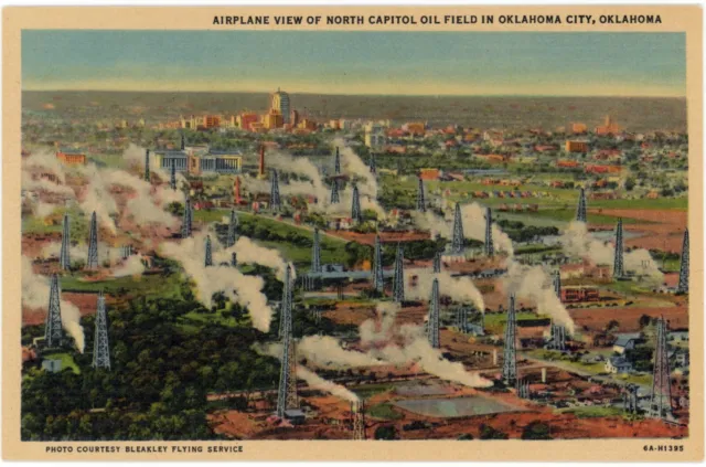 Oklahoma City Airplane View of North Capitol Oil Field 1936 Vintage Teich Linen