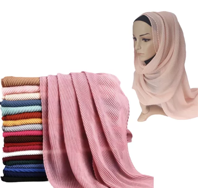 New Top Quality Pleated Cotton Crinkle Women Plain Maxi Long Hijab Scarf  Muslim