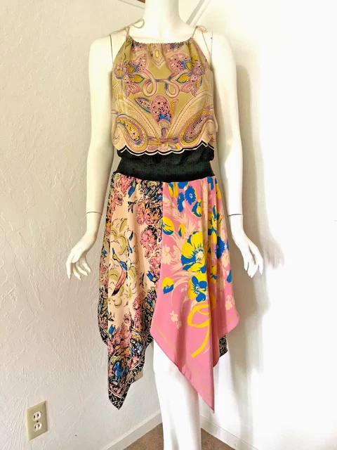 BETSEY JOHNSON VTG 90s Novelty Figural Print Silk DRESS Triangle Hem Sz 8 EUC!!