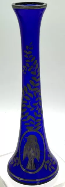 Vintage 6.5” Czechoslovakian Cobalt Blue Silver Overlay Bird Vines Bud Vase