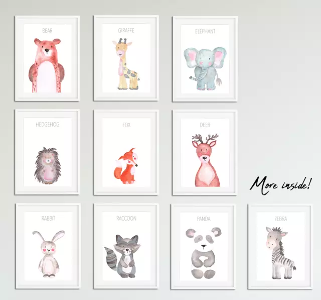 Watercolour Animal Prints For Nursery / Baby Bedroom Boys Girls Room Pictures A5