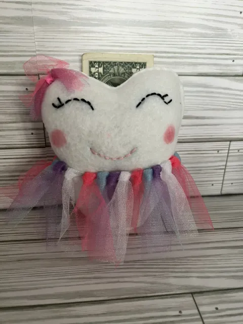Tooth-Shaped Fairy Pillow, White with Pink Bow With Money Slot