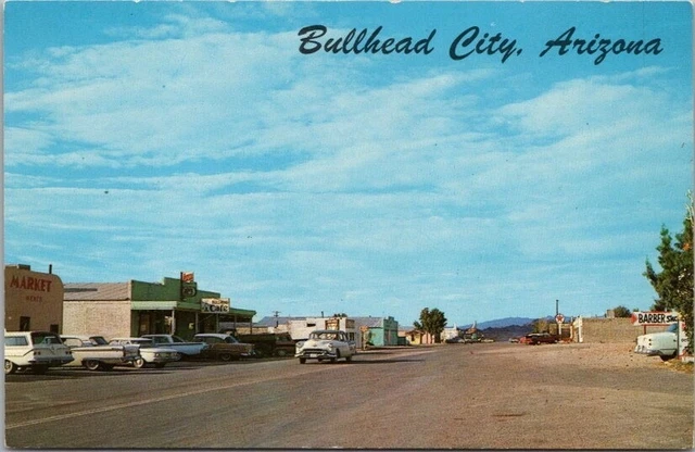 Bullhead City, Arizona Postcard Main Street / Downtown Scene 1950s Chrome Unused