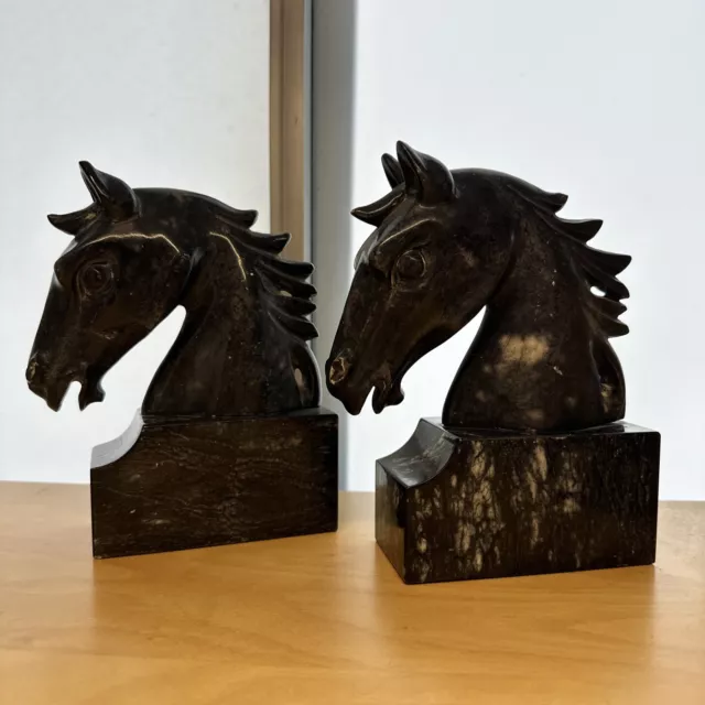 Vintage Italian HORSE HEAD BOOKENDS Black Marble Equestrian Hand Carved 6.75 lb. 2