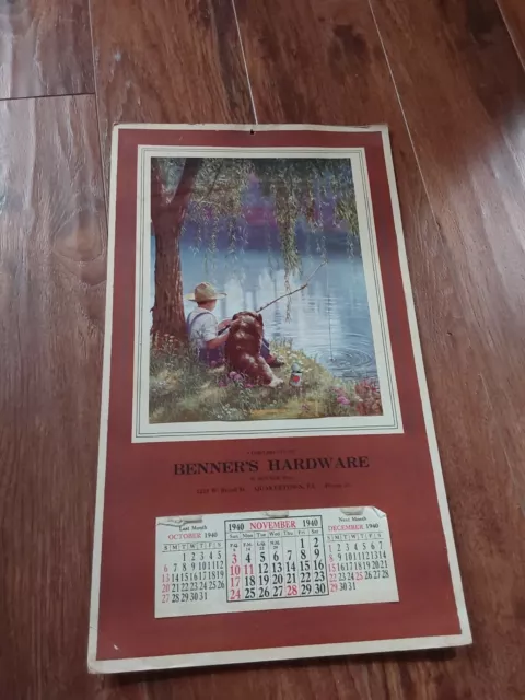 1940 Quakertown PA Benners Hardware Store Advertising Calendar Boy & Dog Fishing