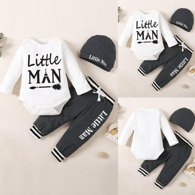 Newborn Baby Boys Long Sleeve Romper Tops Pants Hat Set Infant Outfits Clothes