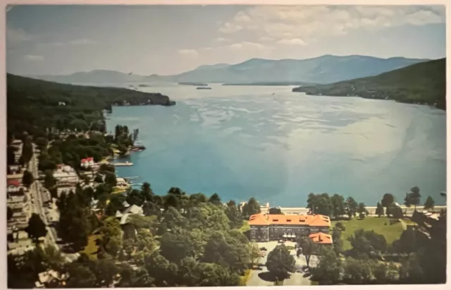 Lake George New York Fort William Henry Hotel Aerial View Vintage Postcard