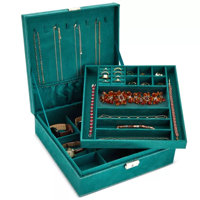Velvet Jewelry Box Organizer with Lock - 2 Layer Travel Case, Jewelry Storage
