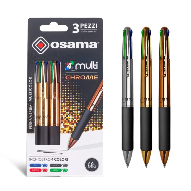 OSAMA 4 Multi - Set Penne Colorate Cromate 4 Colori 3 Pezzi-Penna Mul