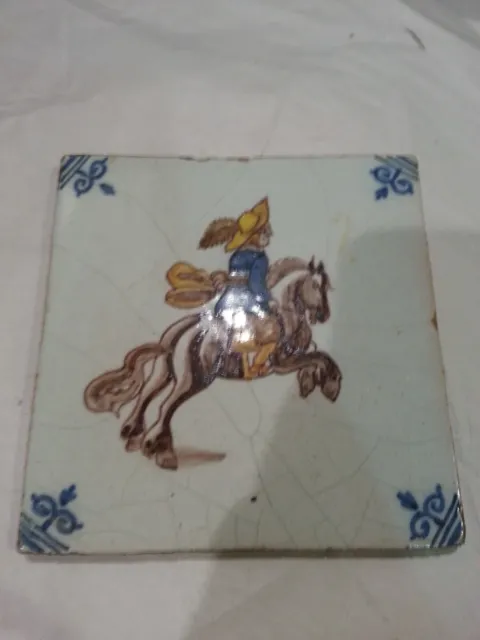 Antique 18th C Dutch Delft Hand Painted Soldier on Horseback Polychrome Tile. 4