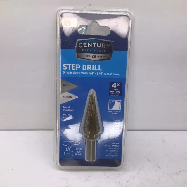Century Drill & Tool 27202 #3 Step Drill Bit 9 Hole sizes from 1/4"-3/4"