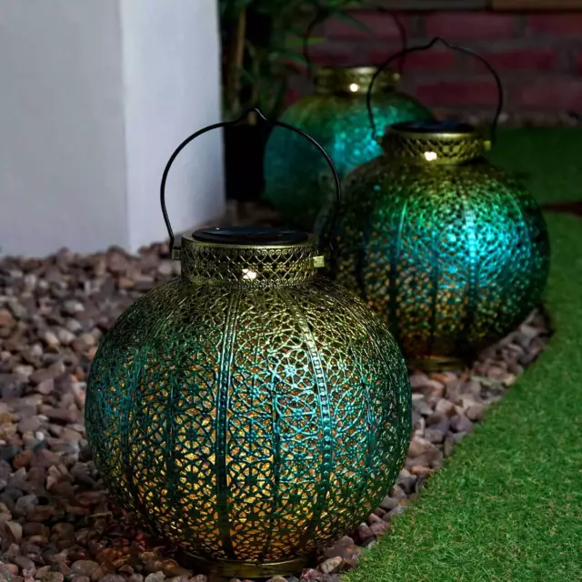 Solar Metal Blue Gold Moroccan LED Hanging Free Standing Outdoor Garden Lantern