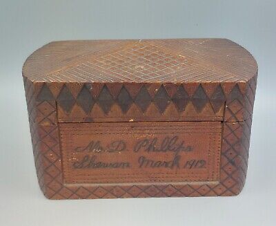 Antique c. 1912 Wooden Carved Tramp Art Box Primitive Folk art Wood Lidded Box