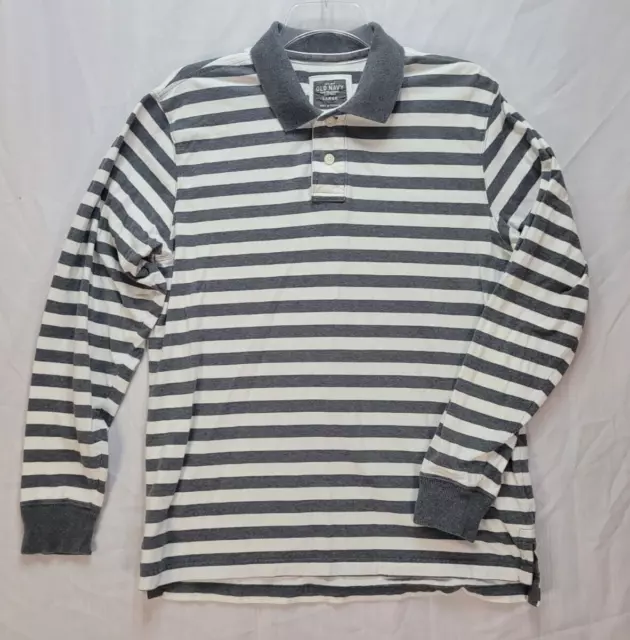 Old Navy Men's Polo Shirt Large Long Sleeve Gray White Striped 100% cotton