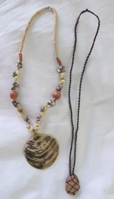 NECKLACE X 2 Shell Macrame Stone tribal Ethnic Peasant Hippie Gift Retro Vintage