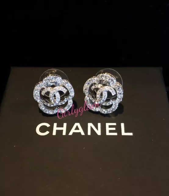 BNIB RARE CHANEL Classic Camellia Flower CC Logo Silver Crystals Earrings  $1,750.00 - PicClick