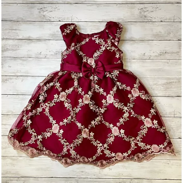 Rare Editions Bow Waist Embroidered Floral Girls Dress