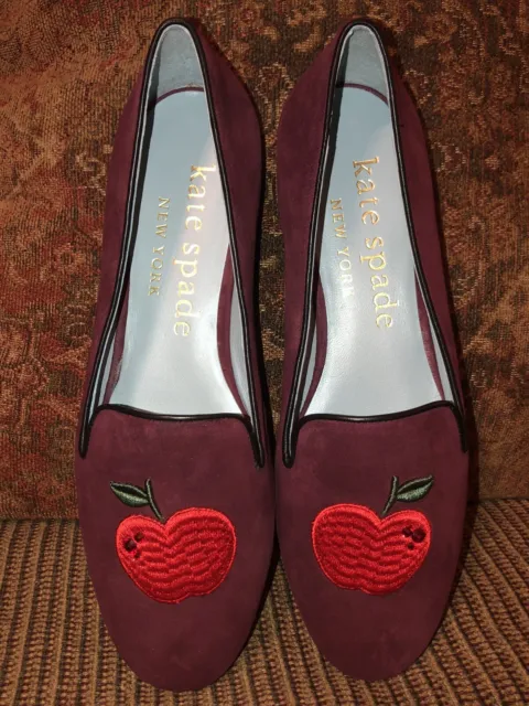 NIB-Kate Spade-Lounge Apple Loafers-Grenache-Suede-Lg Apple Embroidery-$198