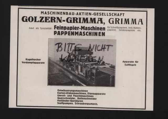 GRIMMA, Werbung 1926, Maschinenbau AG Golzern-Grimma Feinpapier-Maschinen