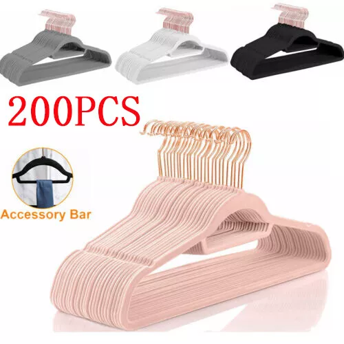 200Pcs Flocked Velvet Clothes Hangers w/ Tie Bar Non Slip Thin Coat Hanger