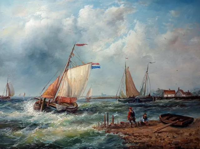Dutch Sailing  /fishing boat coastal  oil painting on wooden board signed