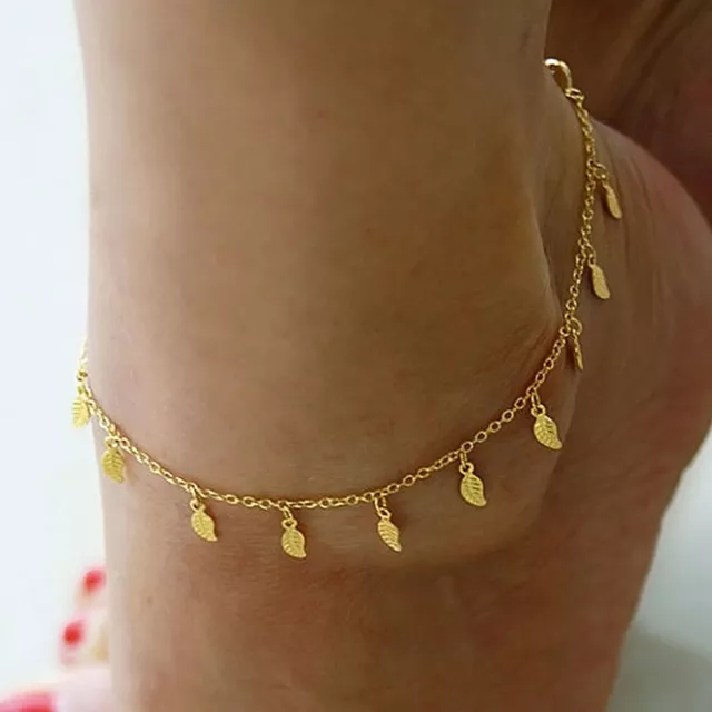 2X Gold Anklet Leg Bracelet Ankle Foot Jewelry Sandal Leaf Adjustable Chain DSEL