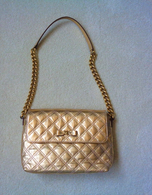MARC JACOBS Quilted Gold Leather Flap Brass Bow Shoulder Bag Gold Chain Strap MARC JACOBS Quilted Gold Leather Flap Brass Bow Shoulder Bag Gold Chain Strap