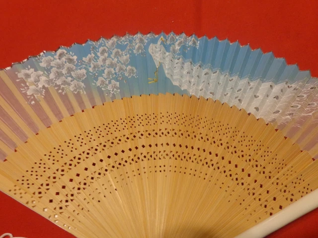 Antique Hand Made Bamboo Folding Dance Fan Never Used Japan Peacock Design # 521