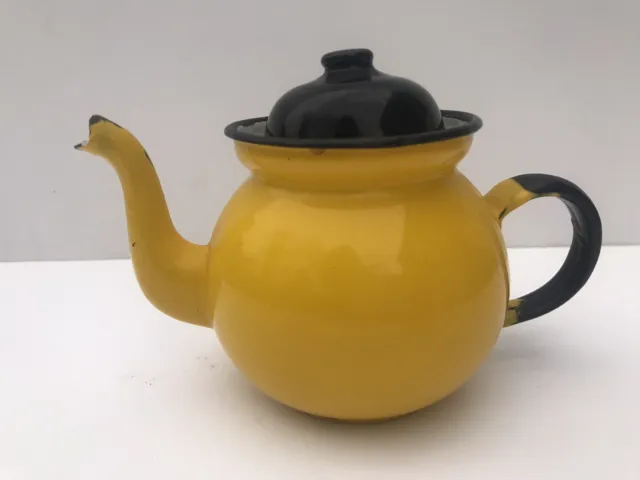 Vintage 1960s Retro Yellow Enamel Teapot Polish Enamelware Kitchenalia Display