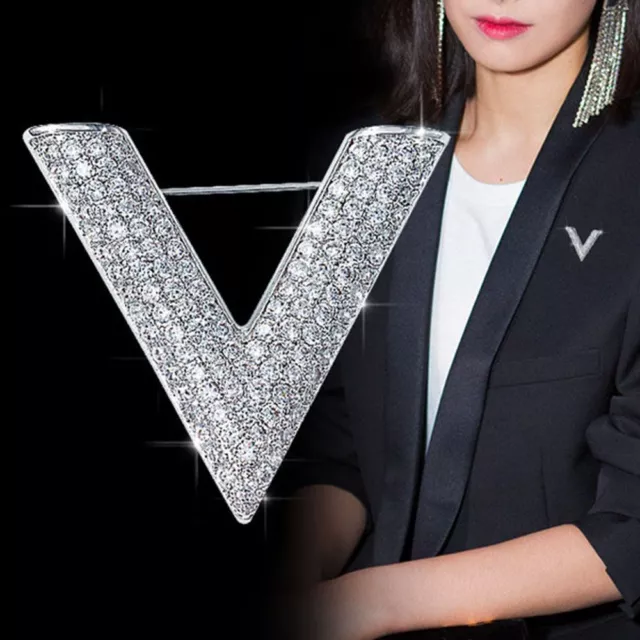 Rhinestone For Women Girl Letter V Corsage Accessories Brooches Pin Jewelry
