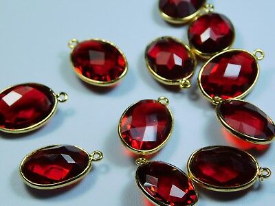 Pair Of Faceted Oval Checker Cut Hydro Red Garnet Gold Plated Bezel Connectors