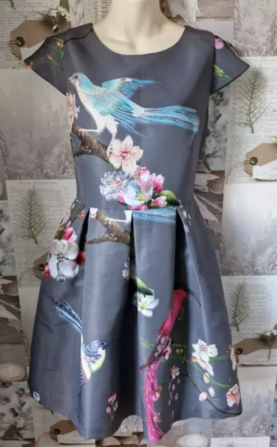 TED BAKER ZALDANA Flight of the Orient Grey Bird Print Skater Dress Size 2 Uk 10 89.99 PicClick UK