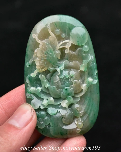 2.8" Chinese Natural Green Dushan Jade Carved Flower Butterfly Pendant Amulet