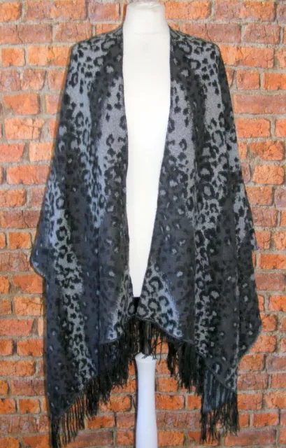 Leopard print oversize pashmina scarf shawl poncho one size tassel grey black