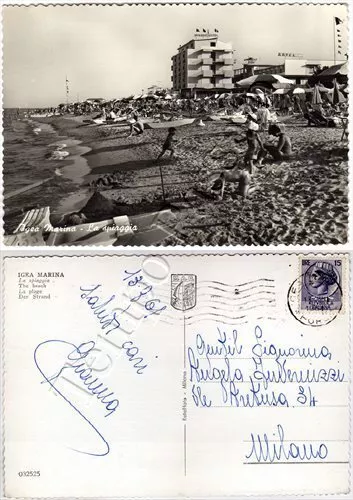 Cartolina di Bellaria Igea Marina, spiaggia con bagnanti - Rimini, 1961