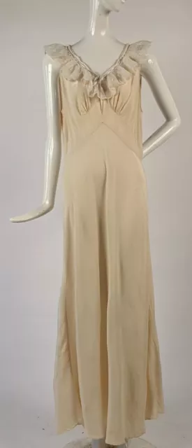 Antique 1930’S Softest Silk Long Ivory Dress W Ruffled Neckline 