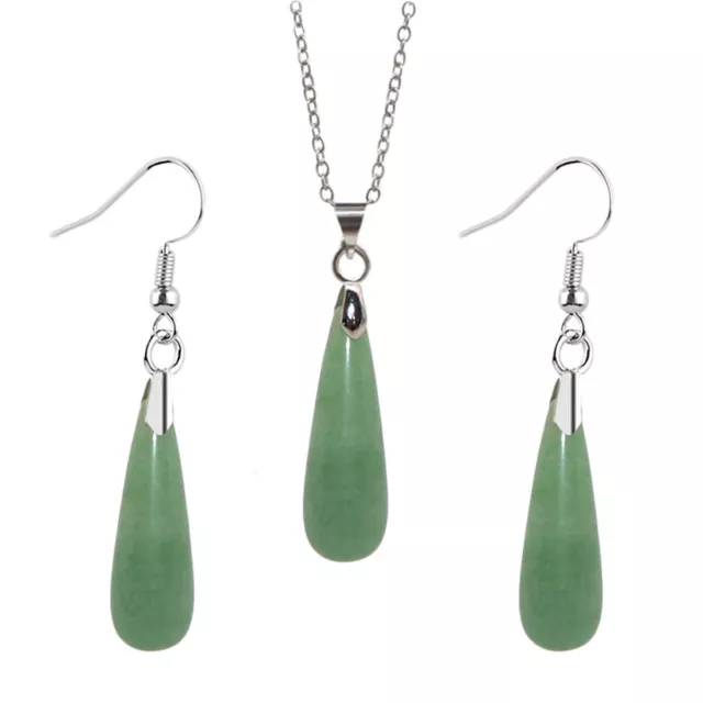 Natural Green Aventurine Teardrop Pendant Necklace Earrings Set Silver Chain 18"