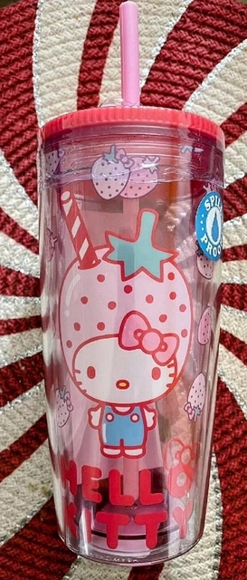 Sanrio Hello Kitty Spill-Proof Pink Kawaii Strawberry Pattern Tumbler W/ Straw
