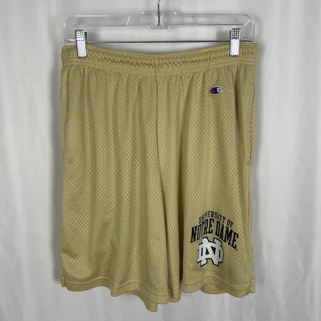 Champion Notre Dame Gym Shorts Gold Mesh Pockets Athletic Workout Wear (L)