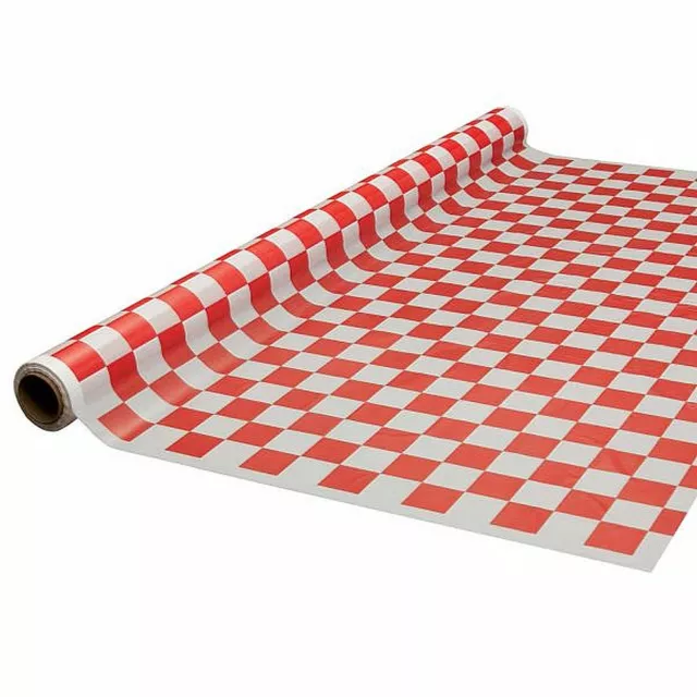 Party Essentials 40in. x 100ft. HD Plastic Banquet Roll-Red Checker