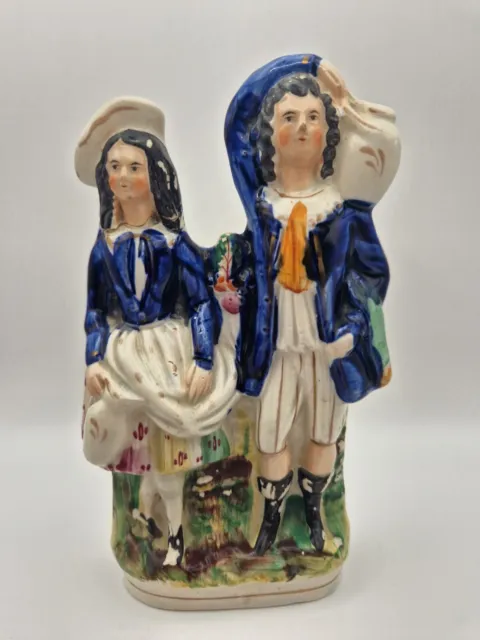 Antique Staffordshire Pottery Couple Flatback Figure Victorian 7.2" Tall