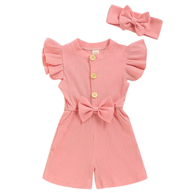 Toddler Baby Kids Girls Ruffle Ribbed Jumpsuit Romper 2Pcs Outfit Set Clothes UK