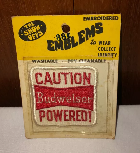 Vintage "Caution Budweiser Powered" Shirt Uniform Jacket Hat Patch 3"x3" NOS ~D6