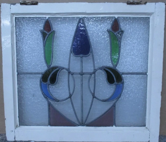 MIDSIZE OLD ENGLISH LEADED STAINED GLASS WINDOW Abstract Floral 24.25" x 21.25"