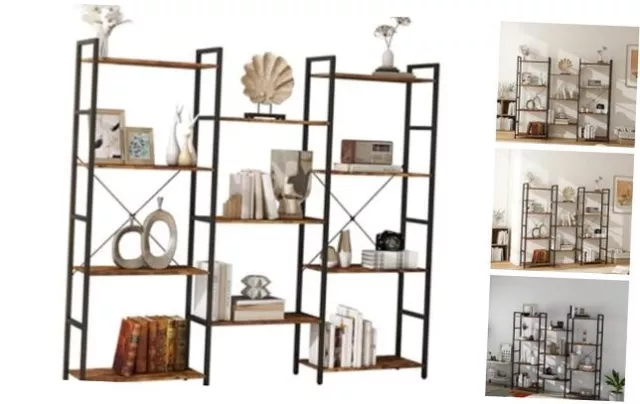 Triple 4 Tier Bookshelf, Industrial Bookcase with 11 Open Display Brown