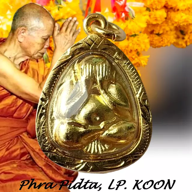 Thai Amulet Phra Pidta LP Koon, pendant Powerful Wat Ban Rai, Gold Micron Case